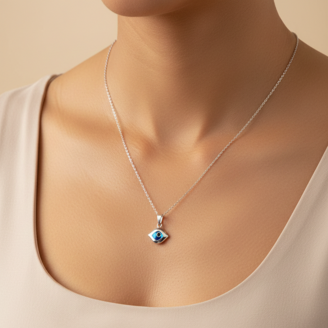 925 Sterling Silver Evil Eye Shape Pendant Necklace with Adjustable Length