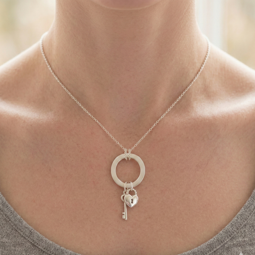 You Hold Key To My Heart 925 Sterling Silver Pendant Adjustable Chain with Message Postcard