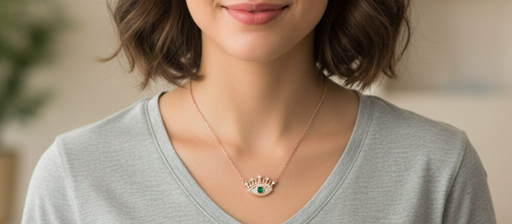 925 Sterling Silver Eye Shape Pendant Necklace with Adjustable Length