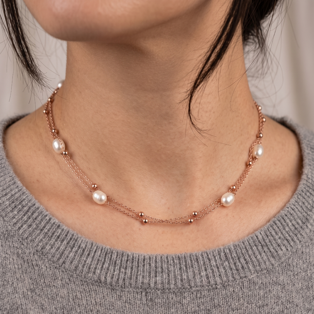 925 Sterling Silver Multilayer Pearl Necklace with Adjustable Length