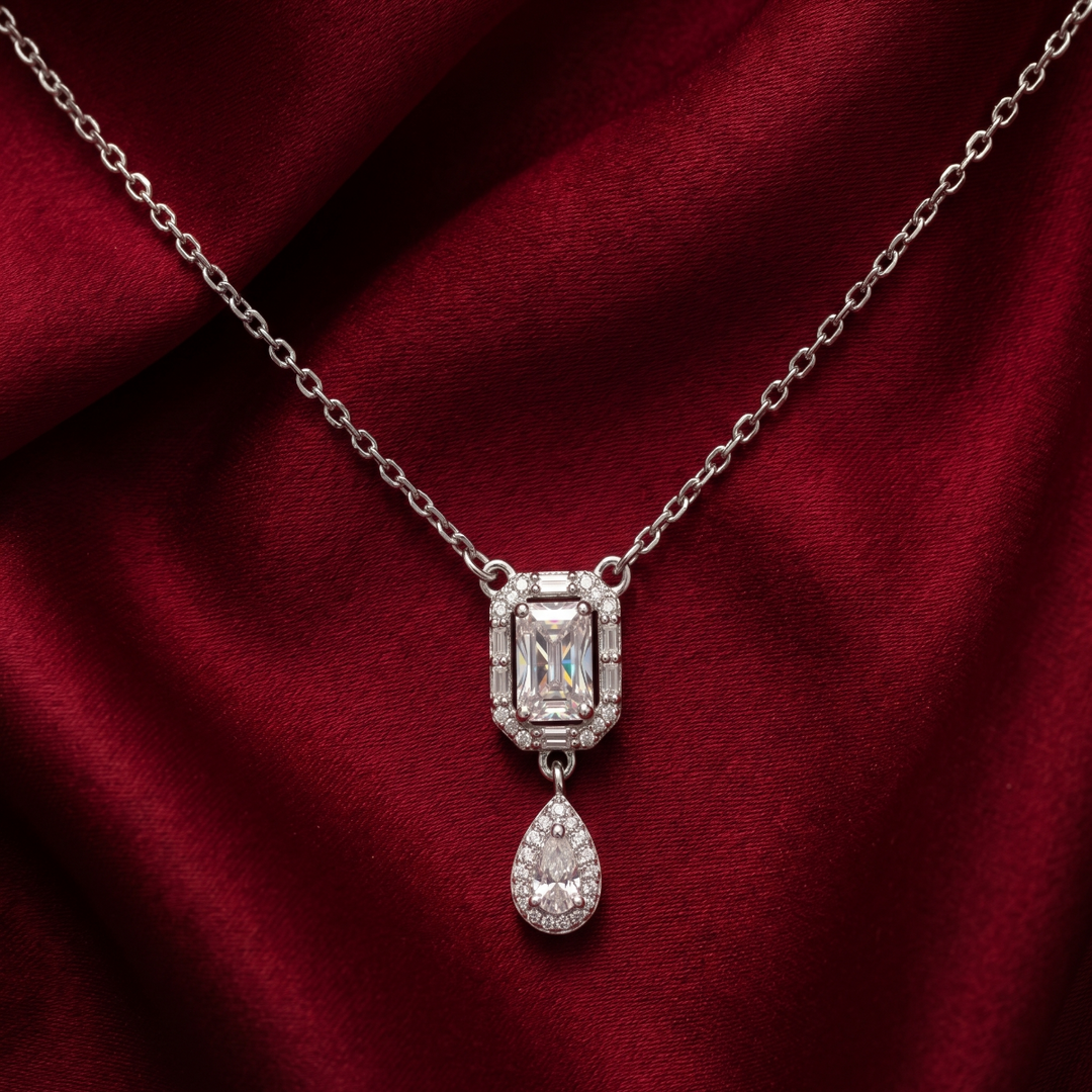 925 Sterling Silver Stud Diamond Pear Shape Pendant Necklace with Adjustable Length