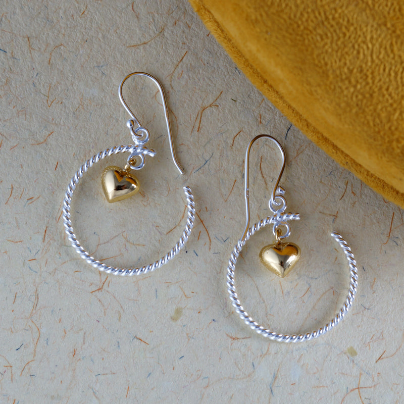 Dangling Golden Hearts Two Tone Link 925 Sterling Silver Earrings