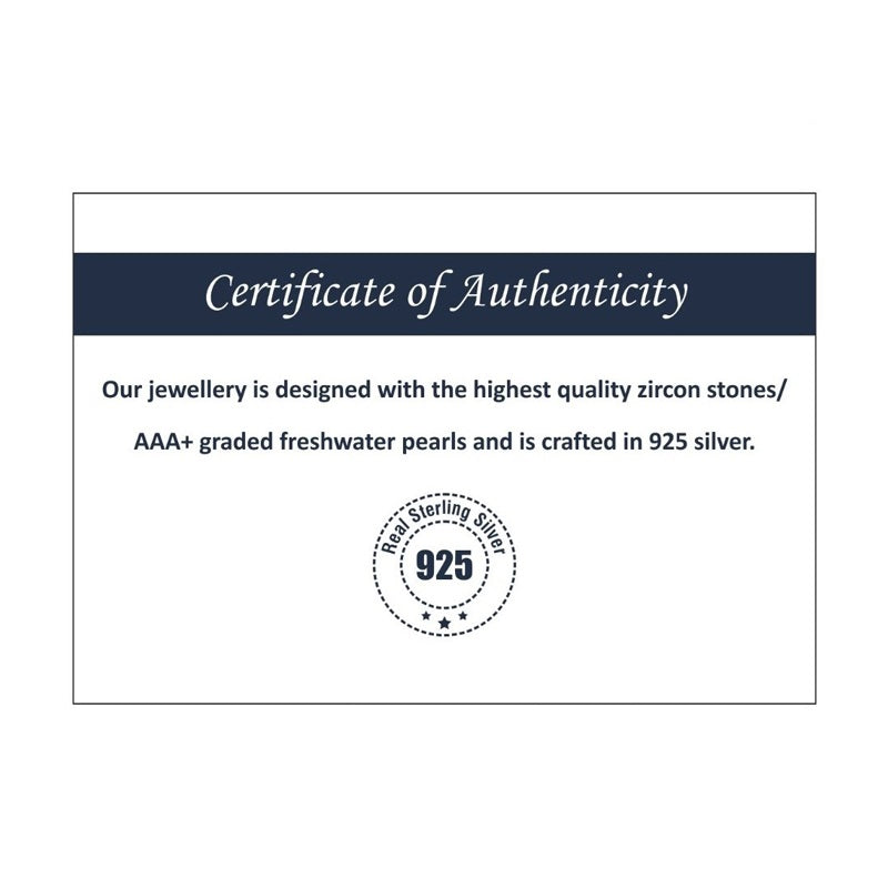 Certificate of Authenticity for jewelry with zircon stones and AAA+ pearls, featuring a 925 silver stamp.