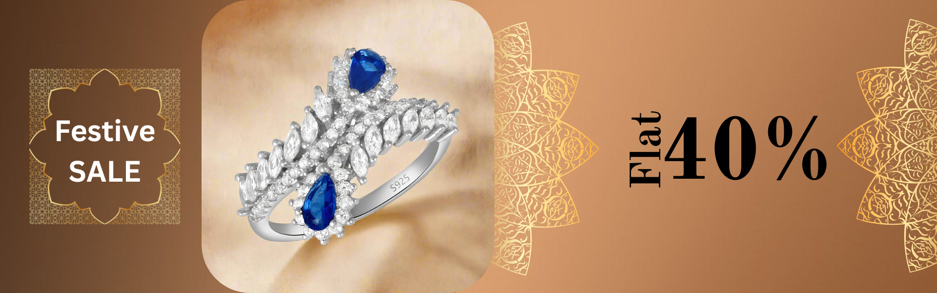 Diamond ring with blue gemstone on a gold background with festive sale text