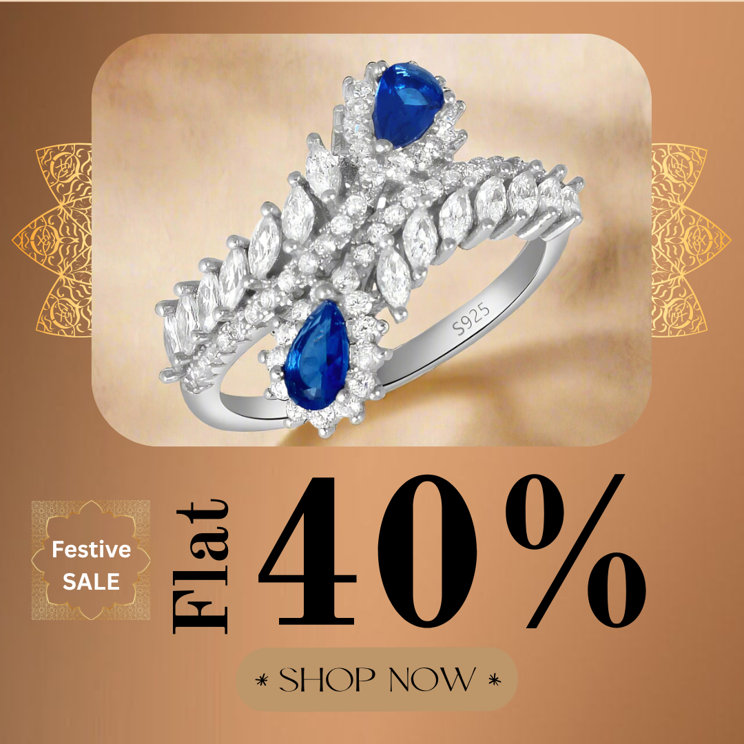 Diamond ring with blue gemstones on a brown background with promotional text.