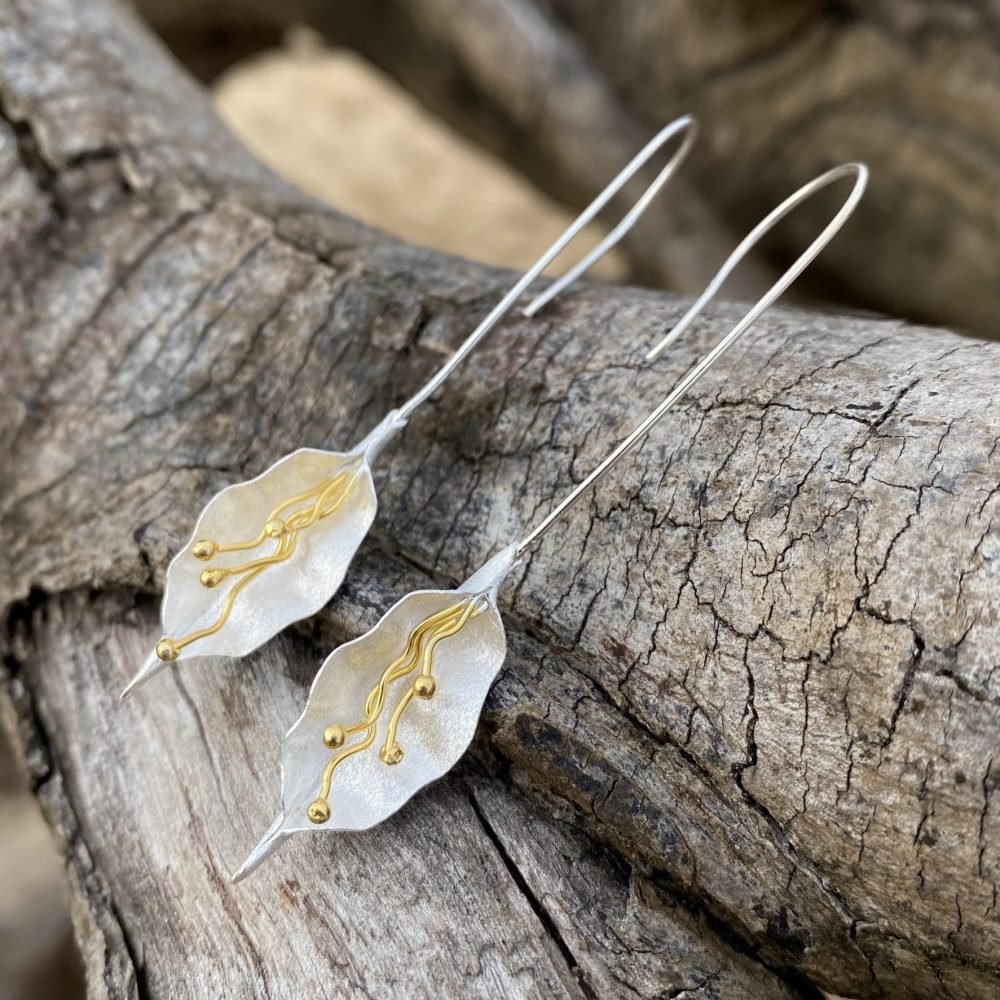 Handmade Lily Flower Gold and Rhodium Plated 925 Sterling Silver Hook Earrings for Women